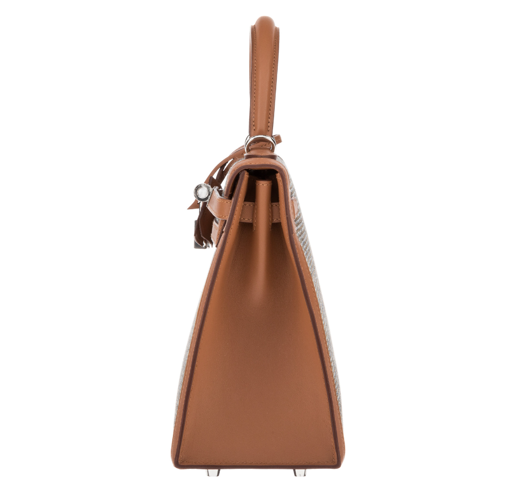 Hermès Kelly Sellier 25 Sesame Toile and Swift Leather Quadrille PHW Special Edition Bag Crowned Bag