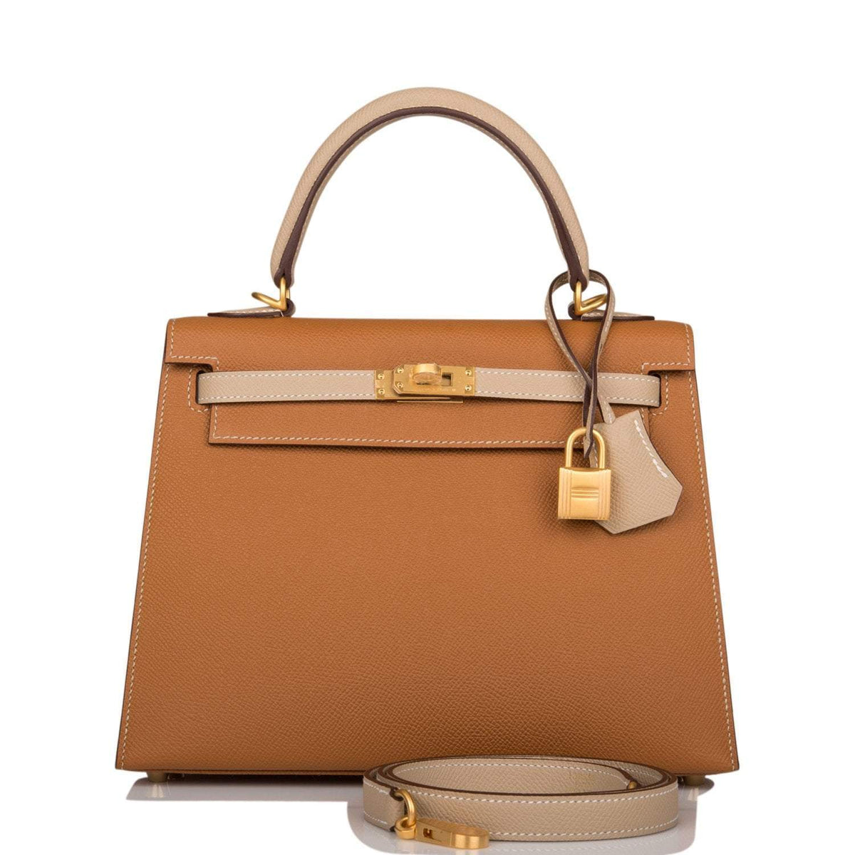 Hermes Kelly Sellier 25cm Gold and Trench Epsom  Brushed Gold Hardware Crowned Bag