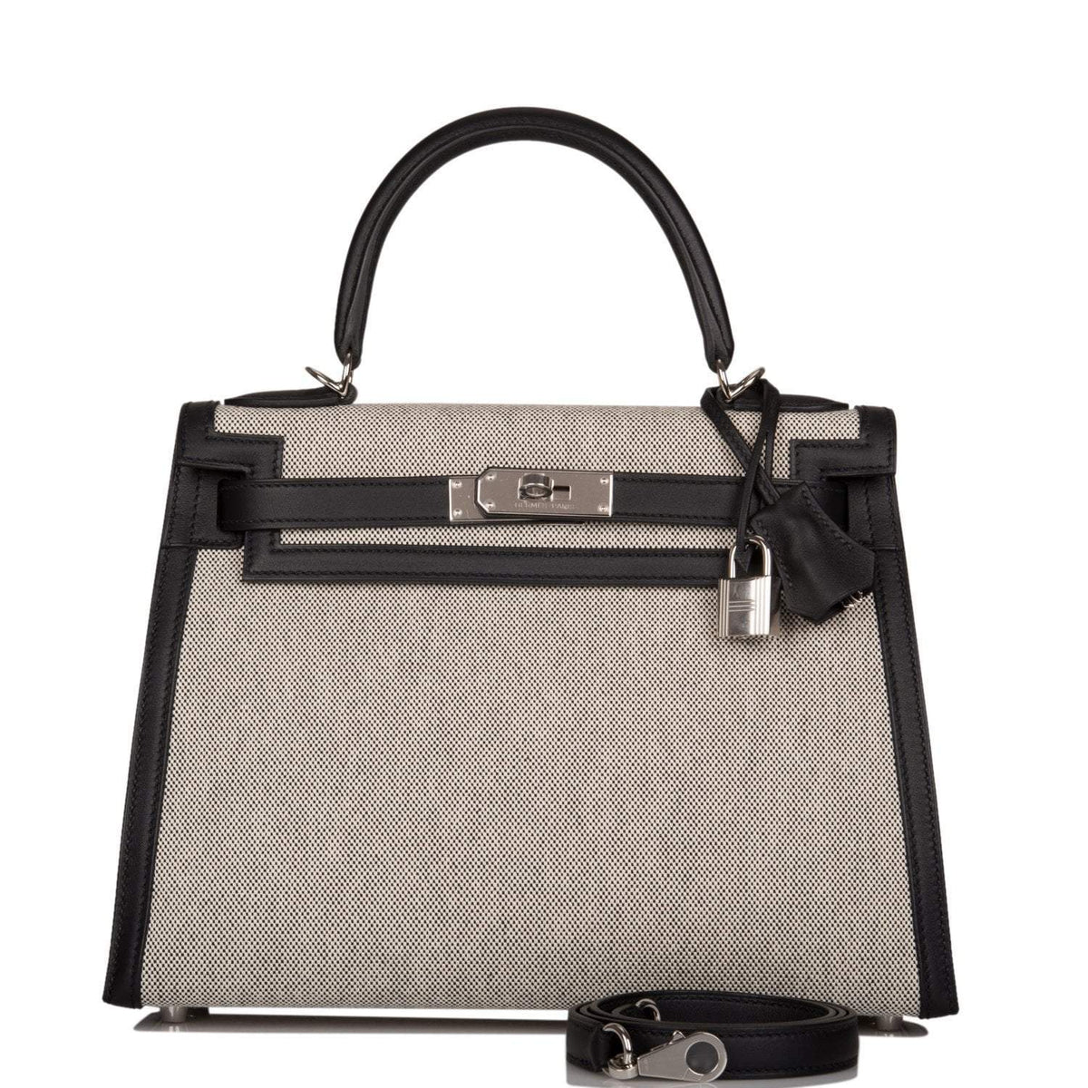 Hermes Kelly Sellier 28 Black Toile and Swift Sellier Palladium Hardware Crowned Bag