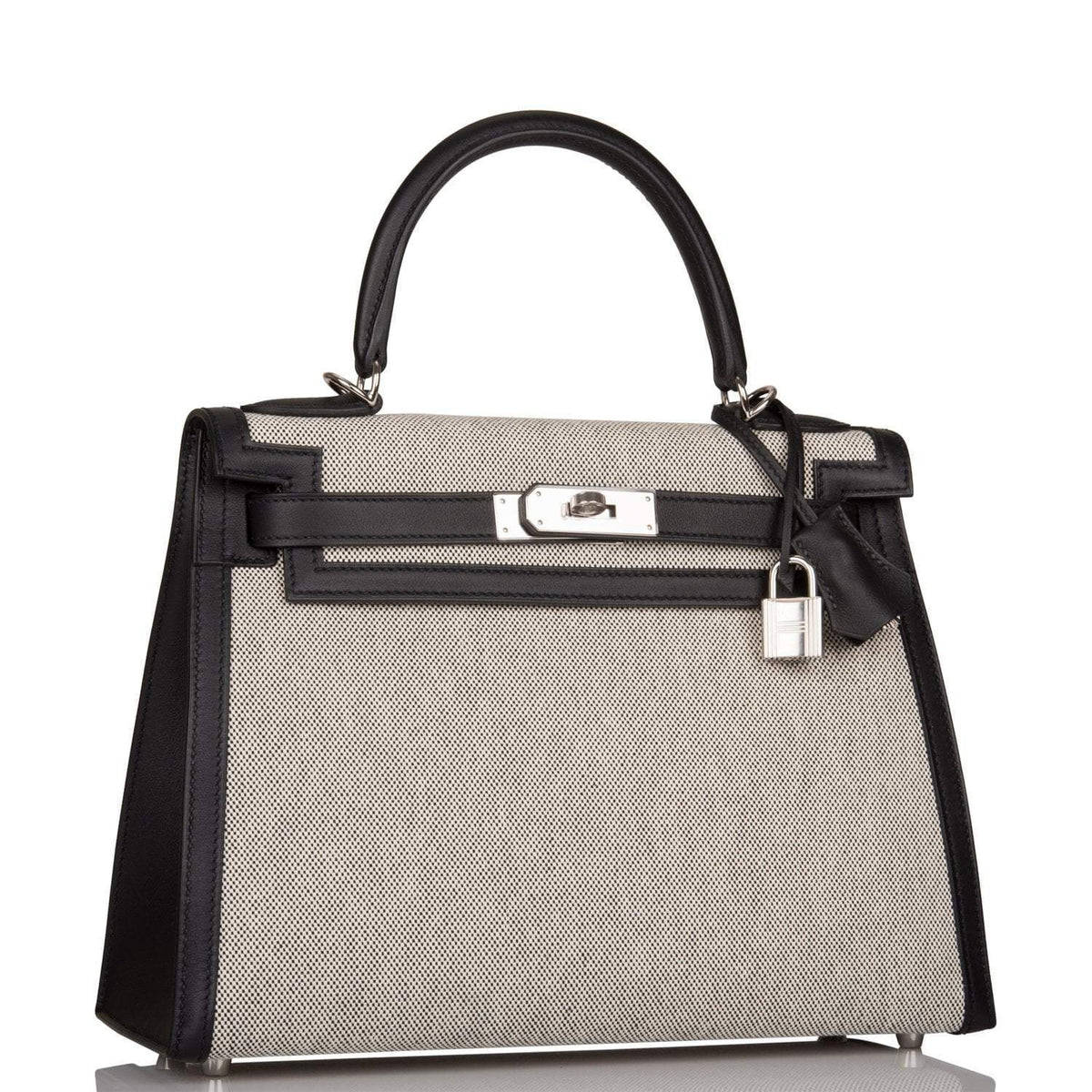 Hermes Kelly Sellier 28 Black Toile and Swift Sellier Palladium Hardware Crowned Bag