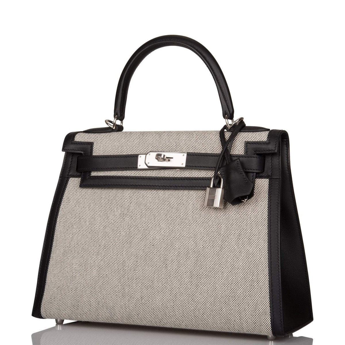 Hermes Kelly Sellier 28 Black Toile and Swift Sellier Palladium Hardware Crowned Bag