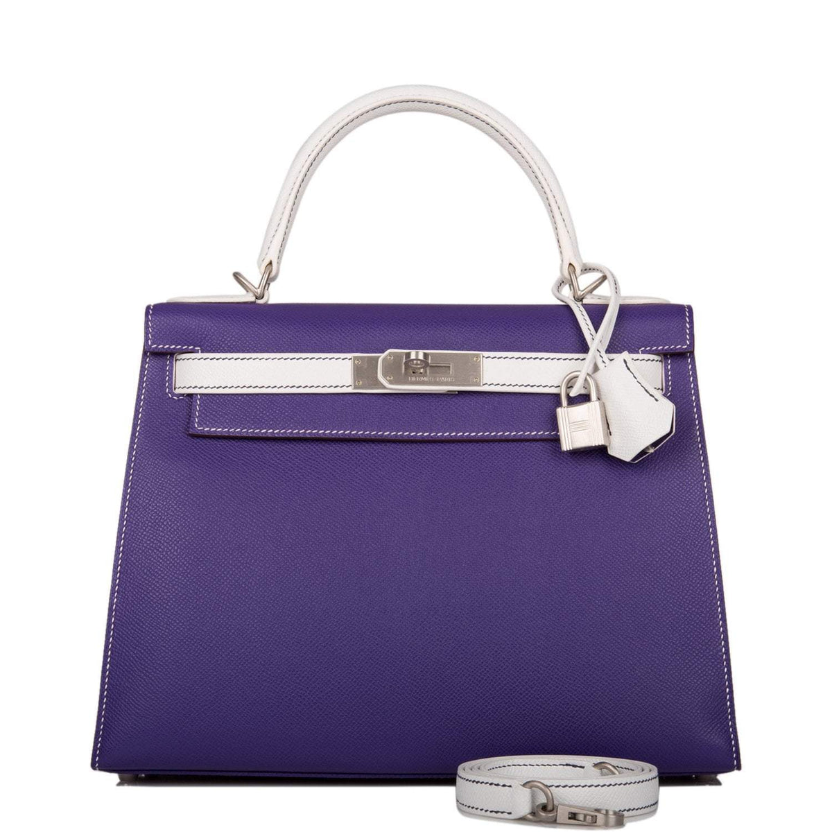 Hermes Kelly Sellier 28 Crocus and White Epsom Brushed Palladium Hardware Crowned Bag