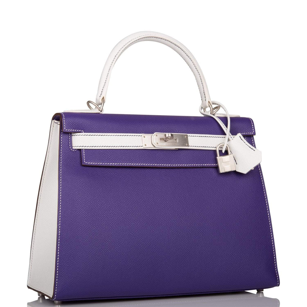 Hermes Kelly Sellier 28 Crocus and White Epsom Brushed Palladium Hardware Crowned Bag