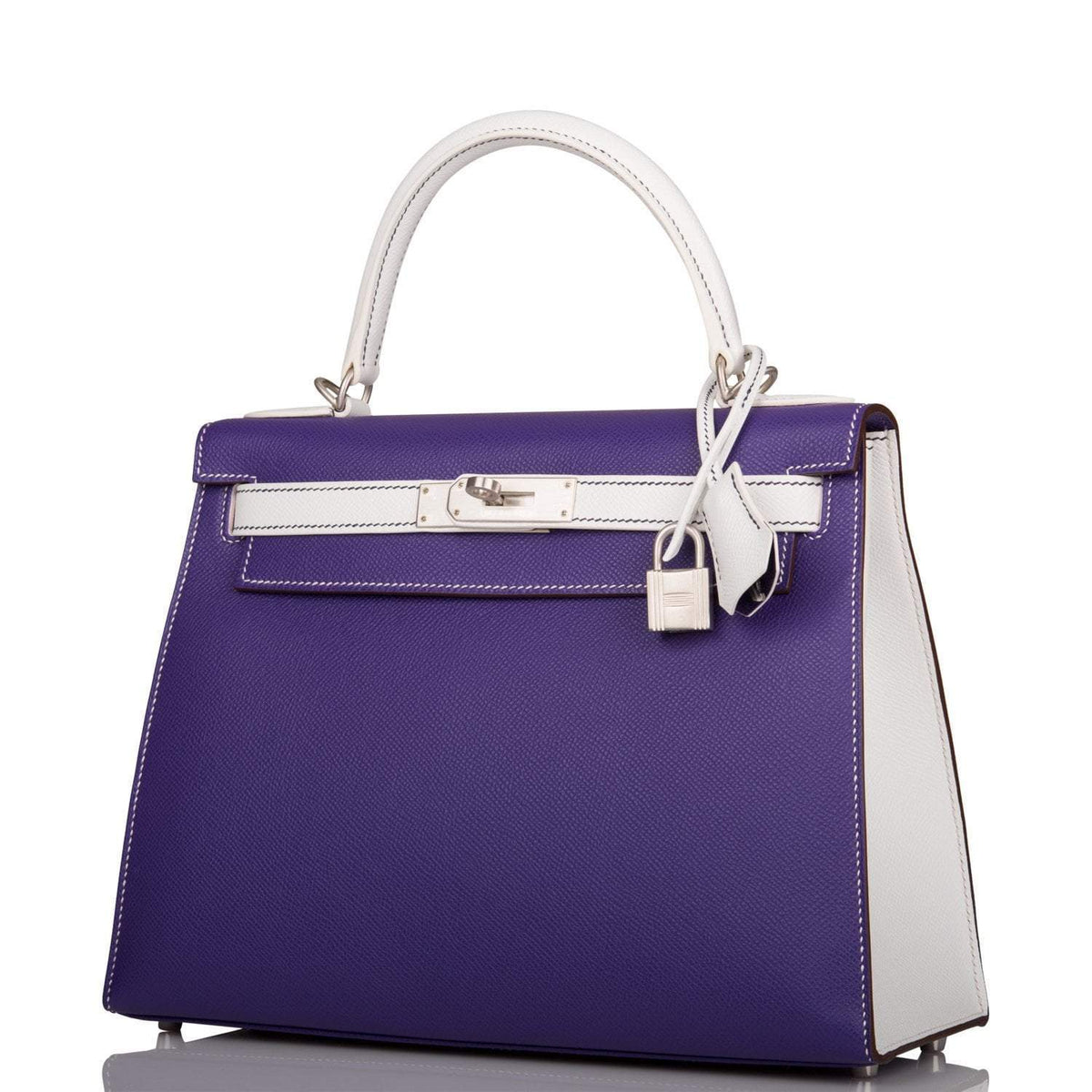 Hermes Kelly Sellier 28 Crocus and White Epsom Brushed Palladium Hardware Crowned Bag