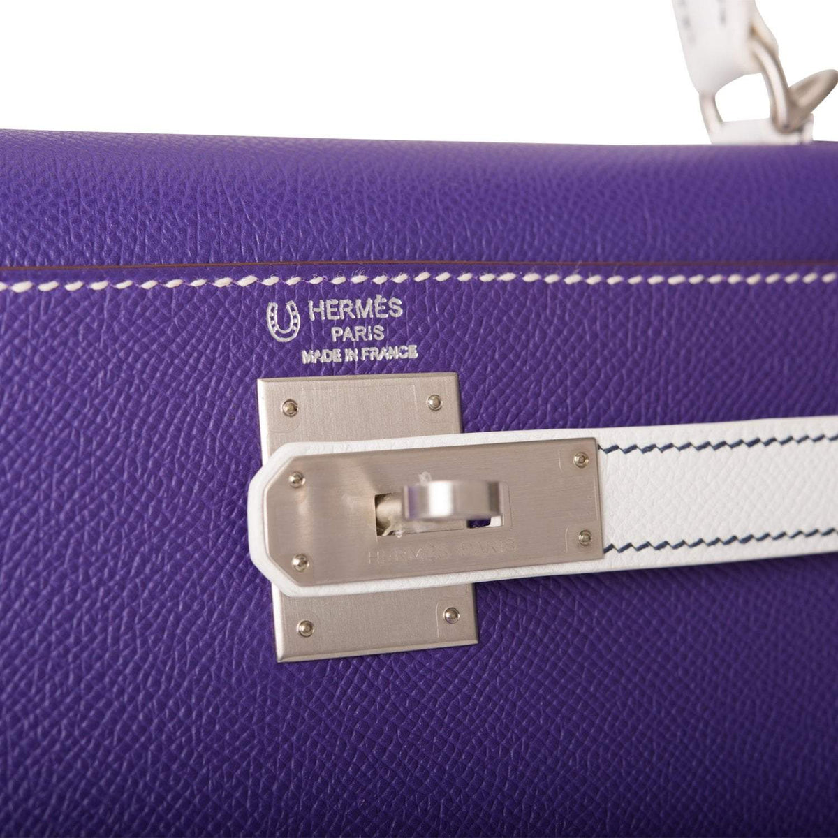 Hermes Kelly Sellier 28 Crocus and White Epsom Brushed Palladium Hardware Crowned Bag