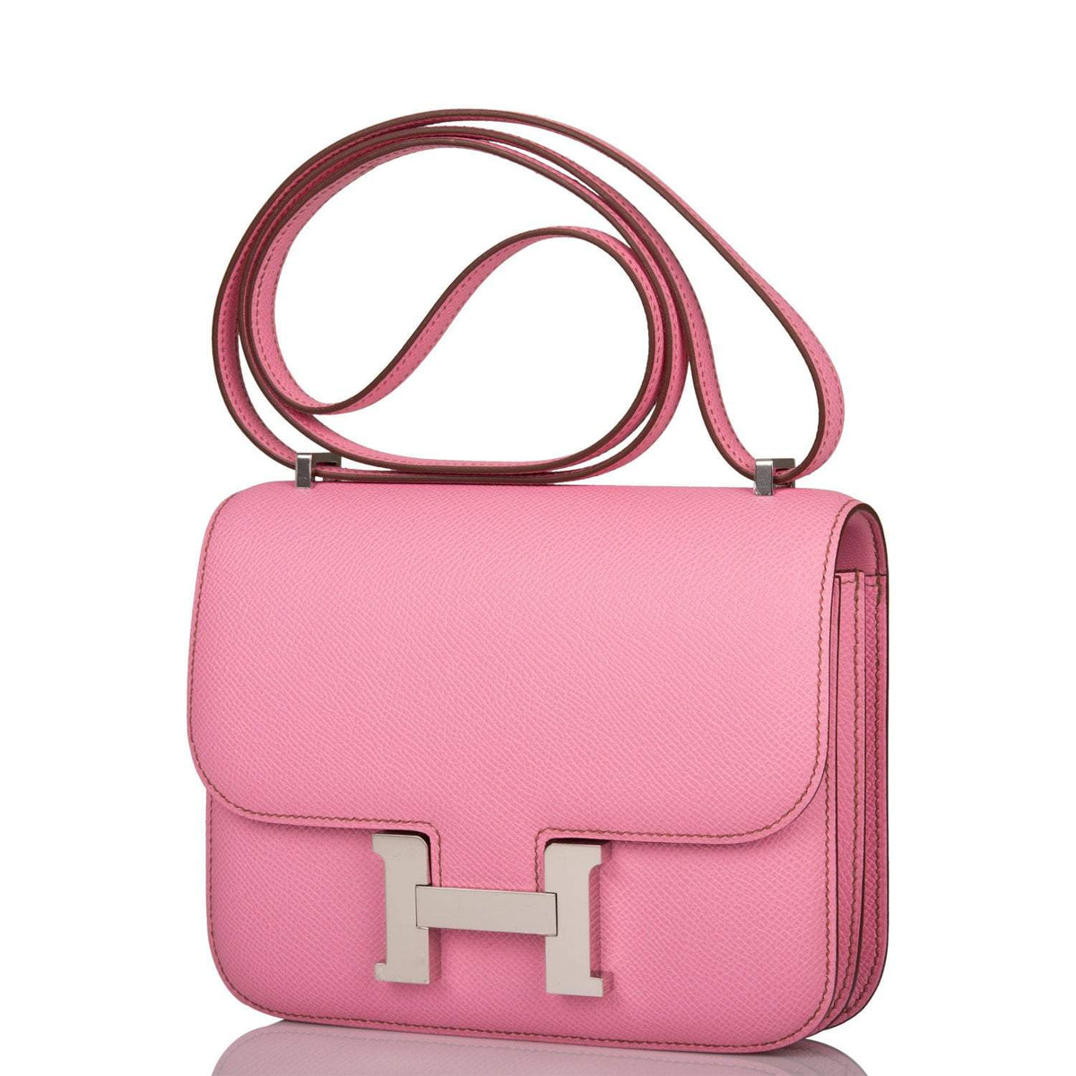 Hermes Mini Constance 18 Bubblegum 5P Epsom Palladium Hardware Crowned Bag