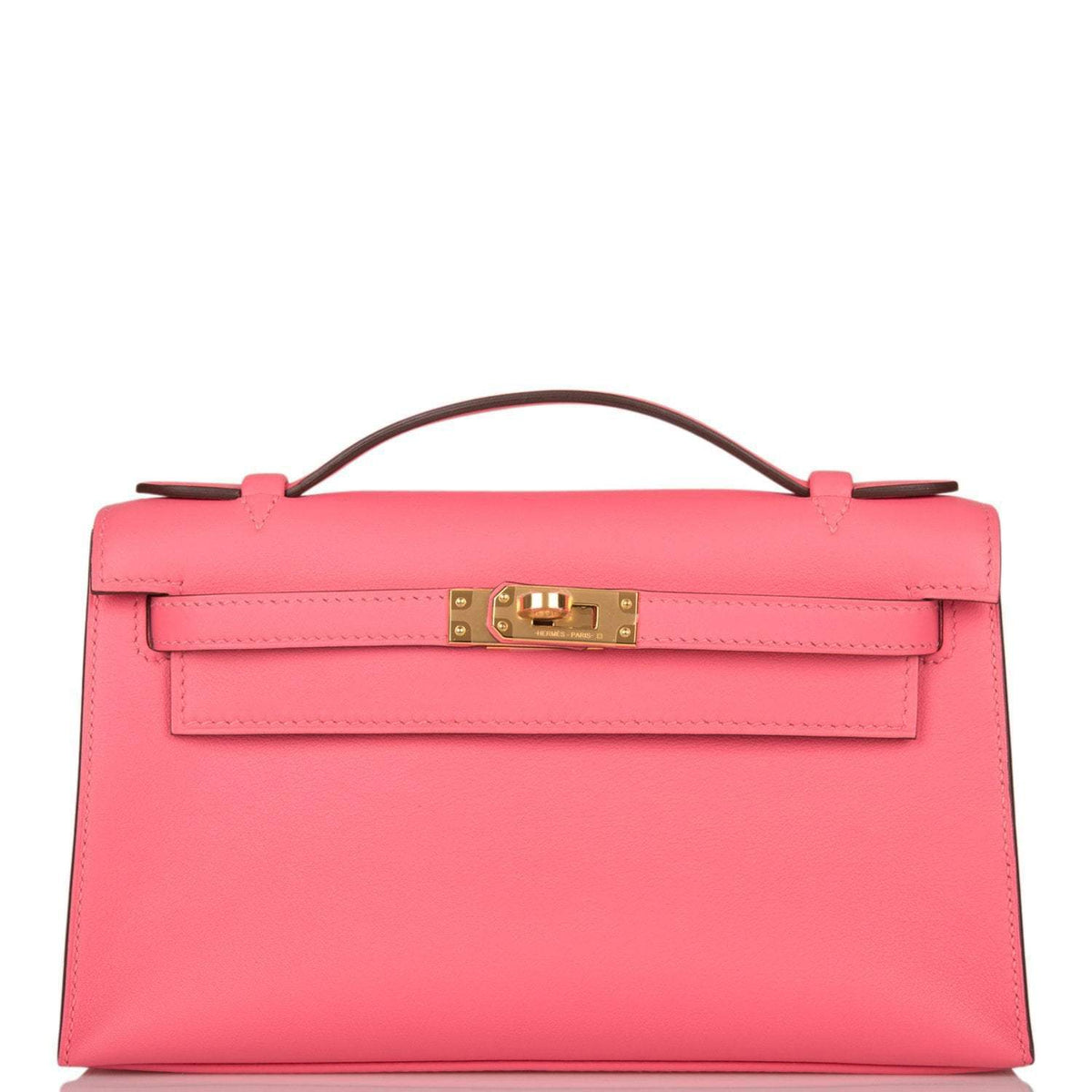Hermes Rose Azalee Swift Mini Kelly Pochette Gold Hardware Crowned Bag