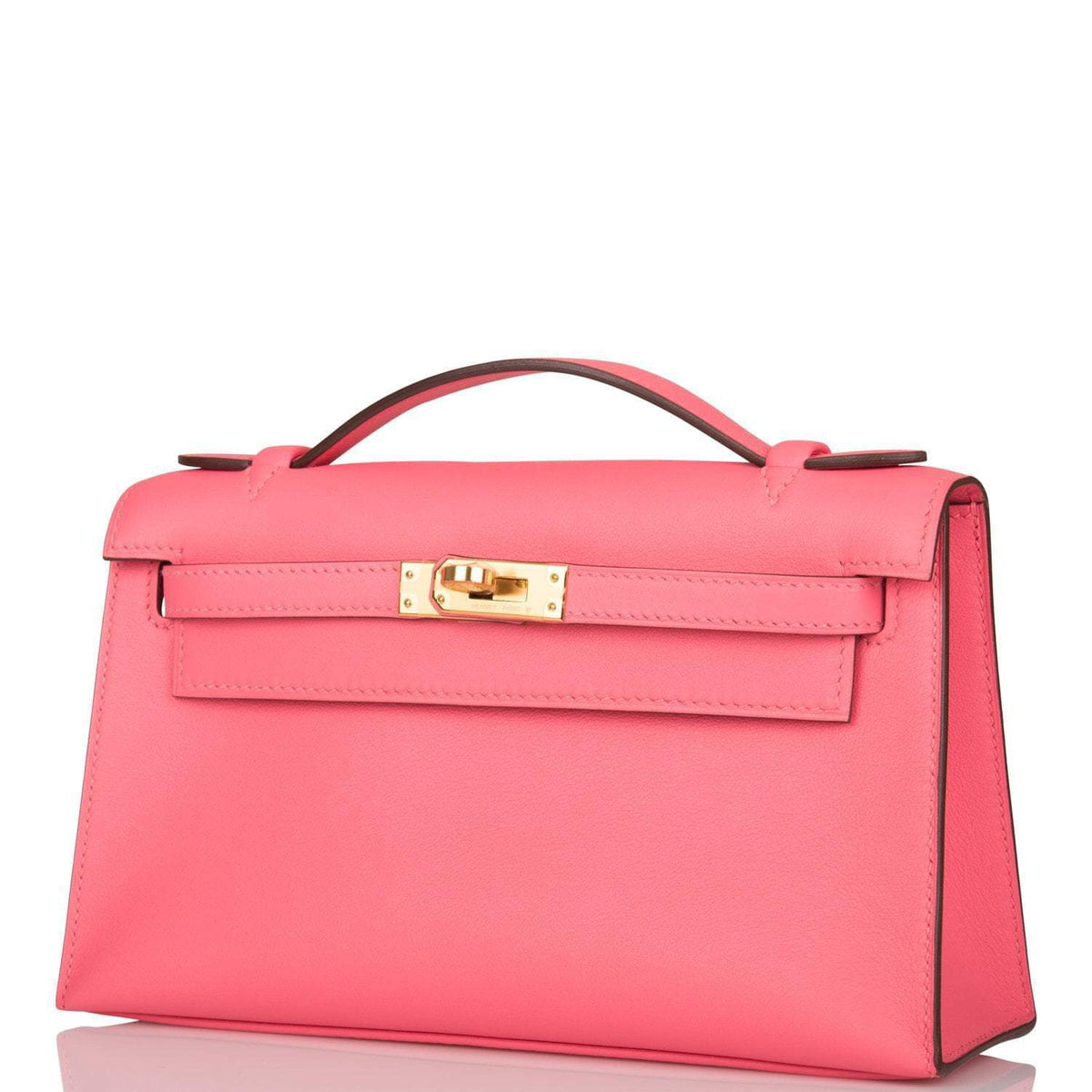 Hermes Rose Azalee Swift Mini Kelly Pochette Gold Hardware Crowned Bag
