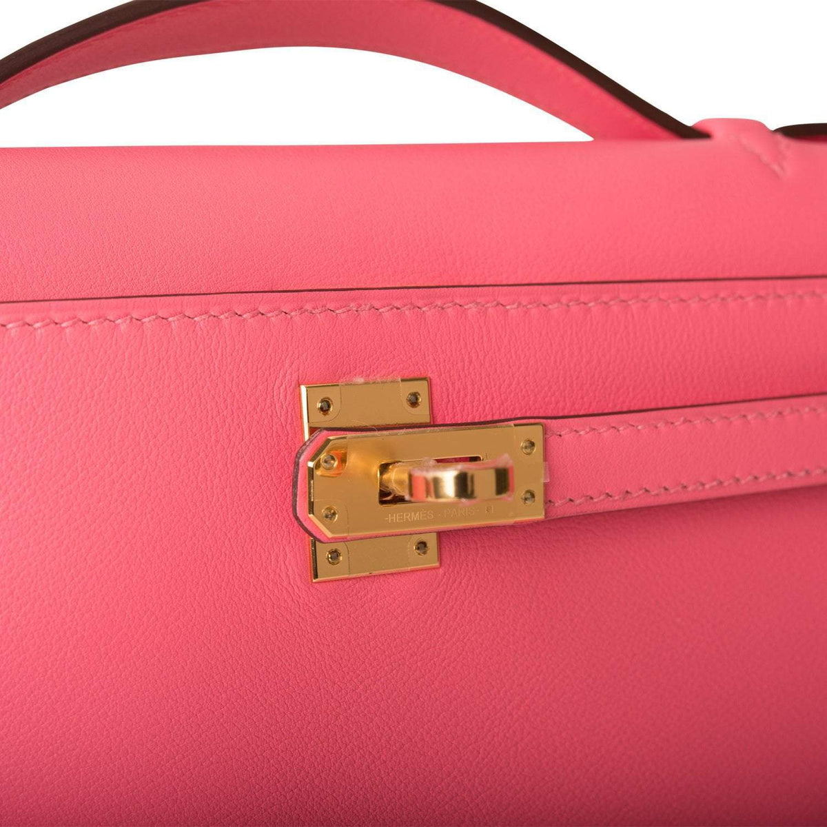 Hermes Rose Azalee Swift Mini Kelly Pochette Gold Hardware Crowned Bag