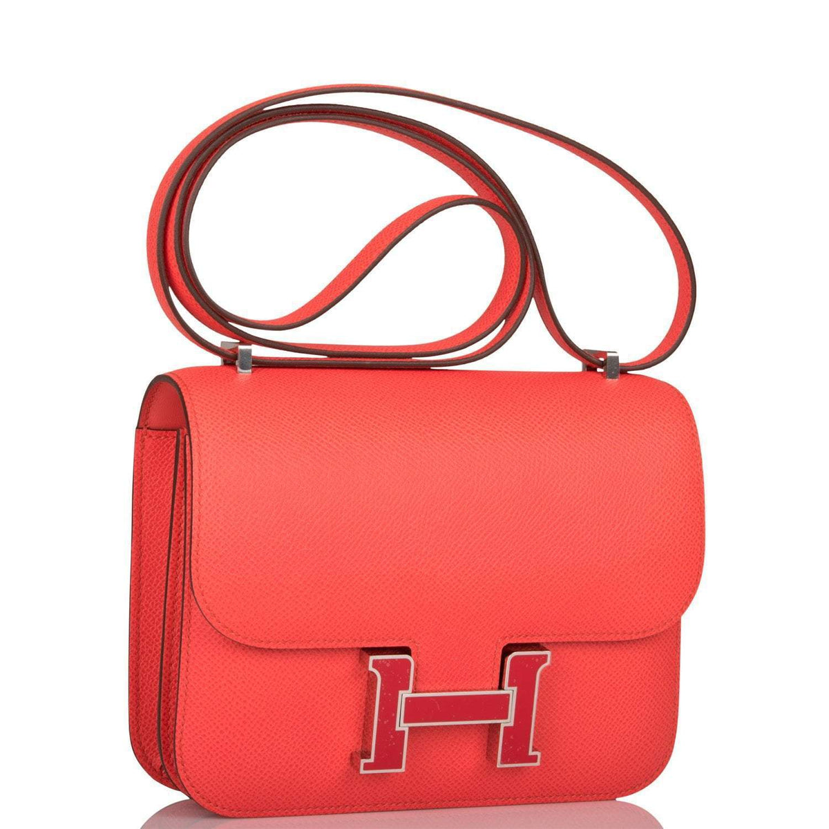 Hermes Rose Enamel Mini Constance 18cm Texas Epsom and Rouge de Coeur Palladium Hardware Crowned Bag