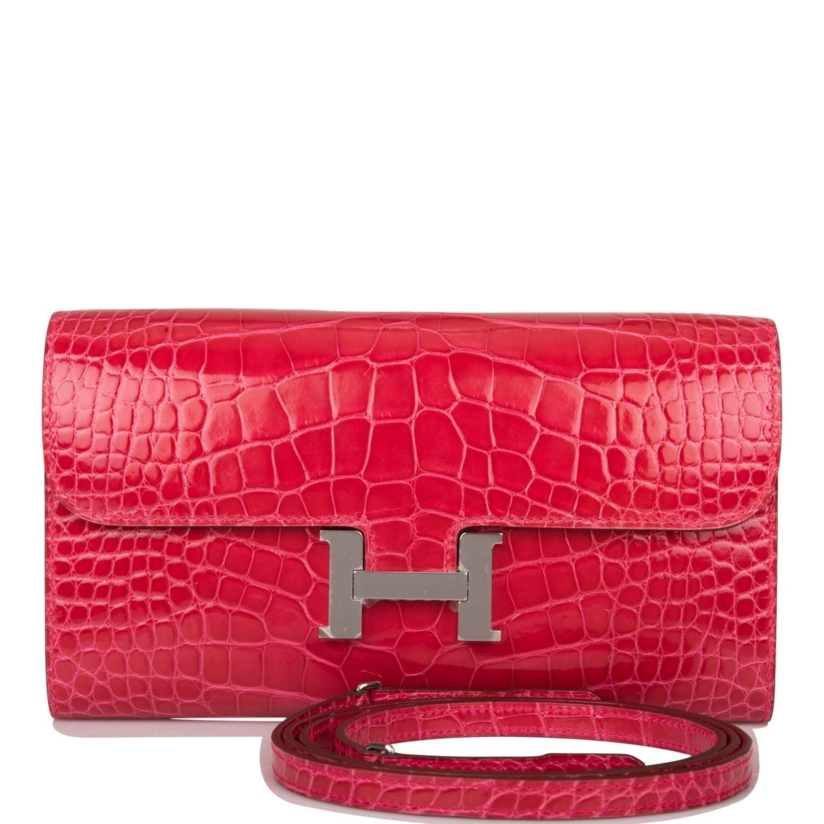 Hermes Rose Extreme Shiny Alligator Constance Wallet To Go Palladium Hardware Crowned Bag