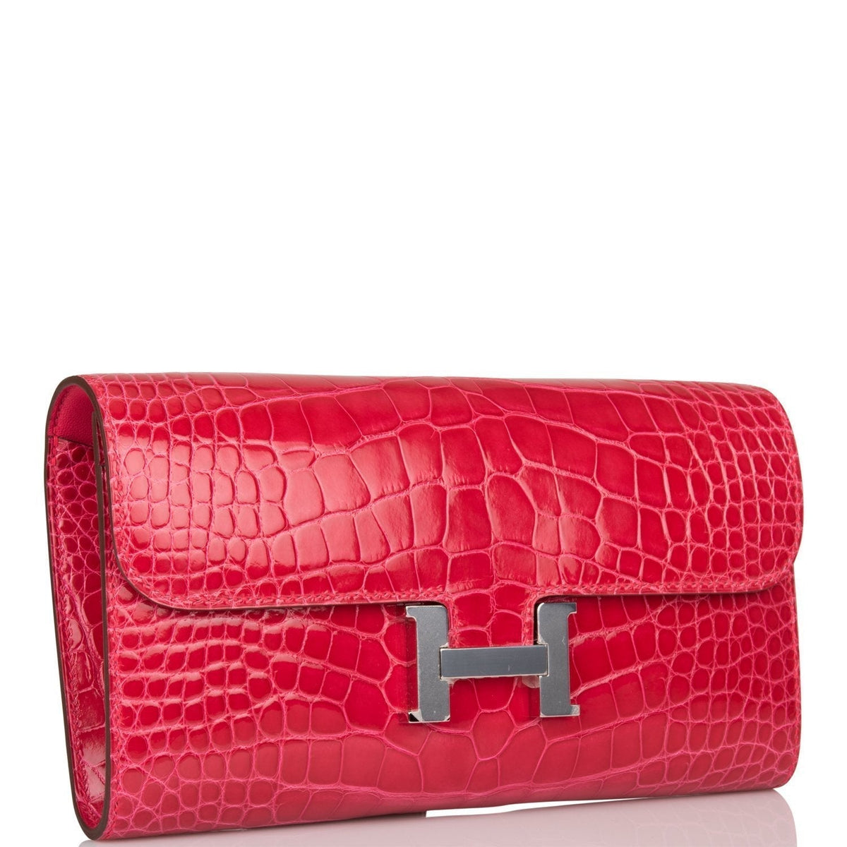 Hermes Rose Extreme Shiny Alligator Constance Wallet To Go Palladium Hardware Crowned Bag