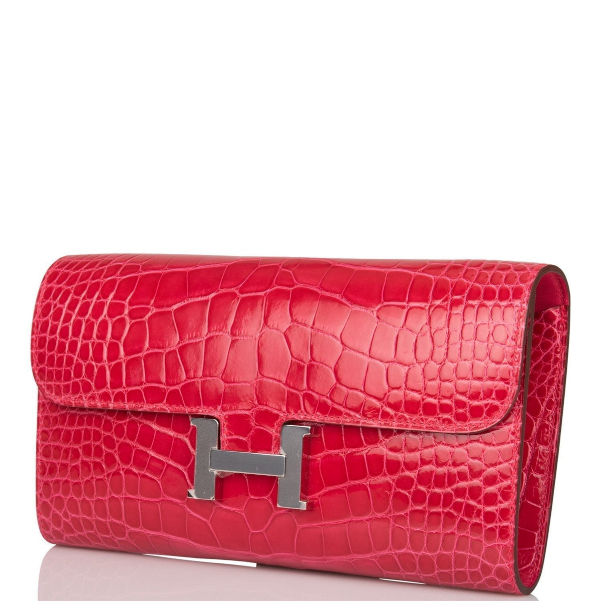 Hermes Rose Extreme Shiny Alligator Constance Wallet To Go Palladium Hardware Crowned Bag