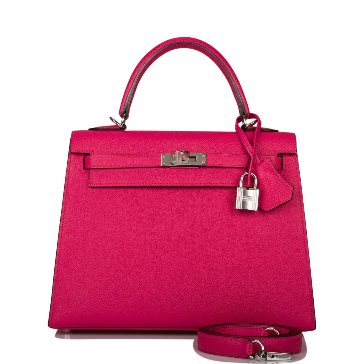 Hermes Rose Mexico Epsom Sellier Kelly 25cm Palladium Hardware Crowned Bag