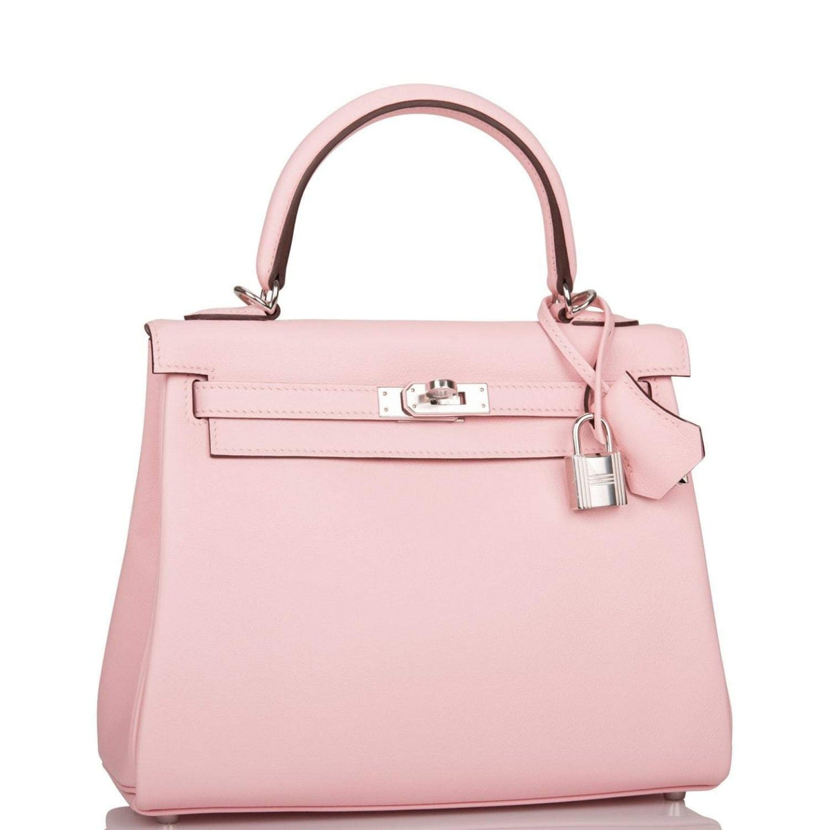 Hermes Rose Sakura Swift Retourne Kelly 25cm Palladium Hardware Crowned Bag