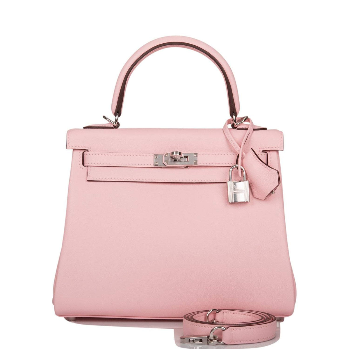 Hermes Rose Sakura Swift Retourne Kelly 25cm Palladium Hardware Crowned Bag