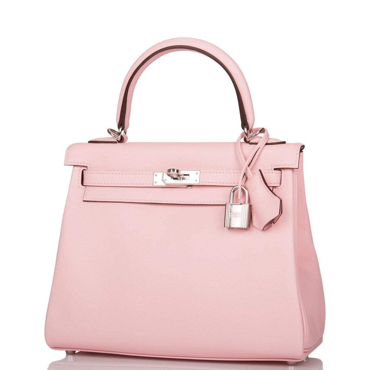 Hermes Rose Sakura Swift Retourne Kelly 25cm Palladium Hardware Crowned Bag