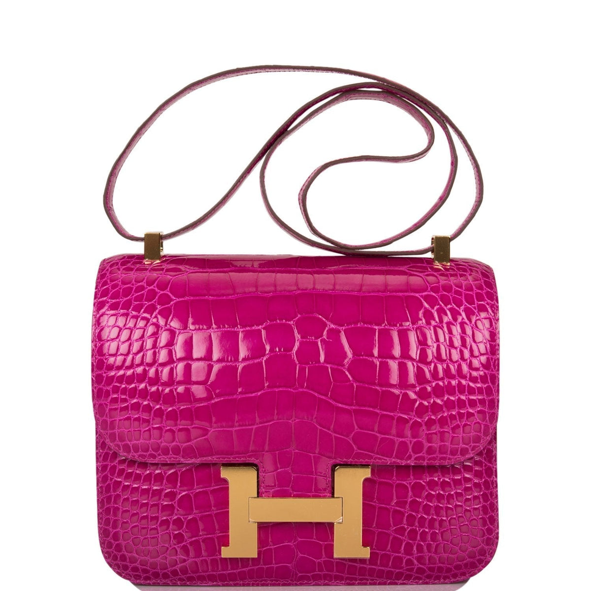 Hermes Rose Scheherazade Shiny Alligator Constance 24cm Gold Hardware Crowned Bag