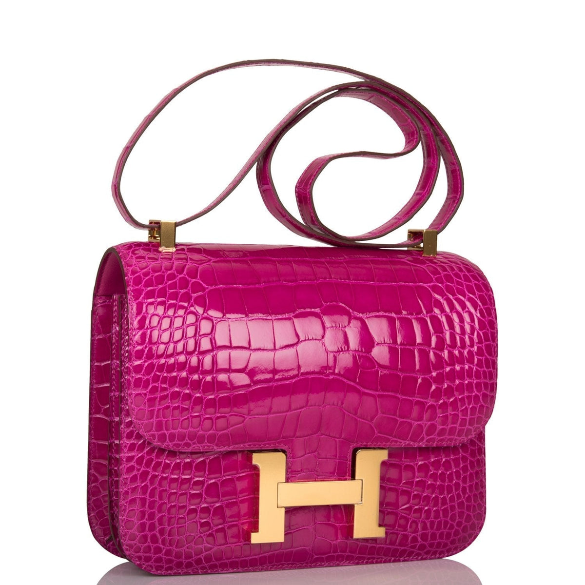 Hermes Rose Scheherazade Shiny Alligator Constance 24cm Gold Hardware Crowned Bag