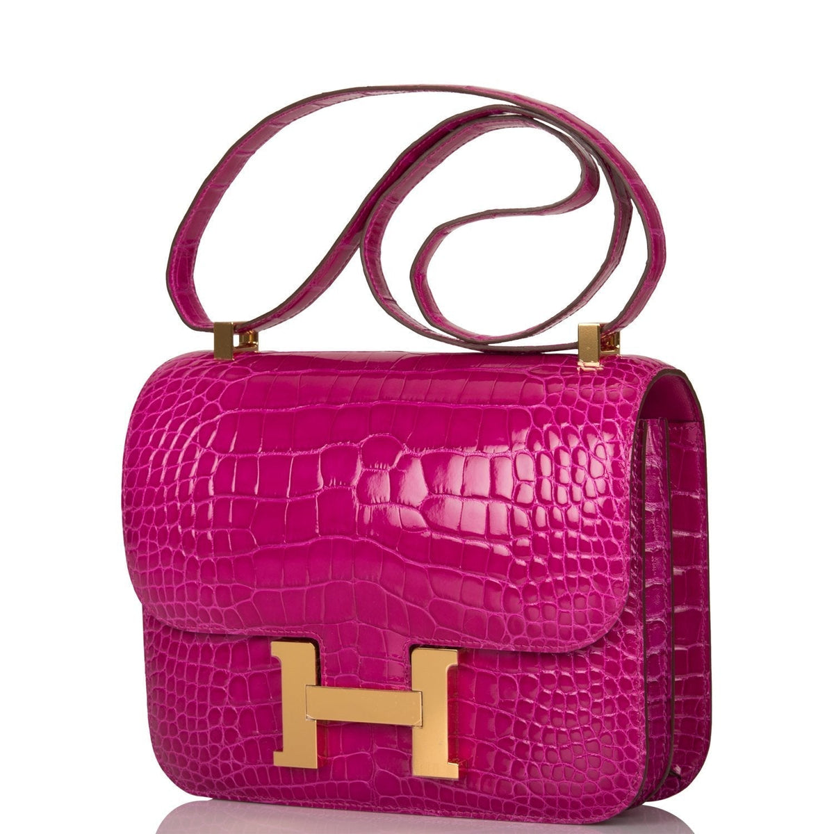 Hermes Rose Scheherazade Shiny Alligator Constance 24cm Gold Hardware Crowned Bag