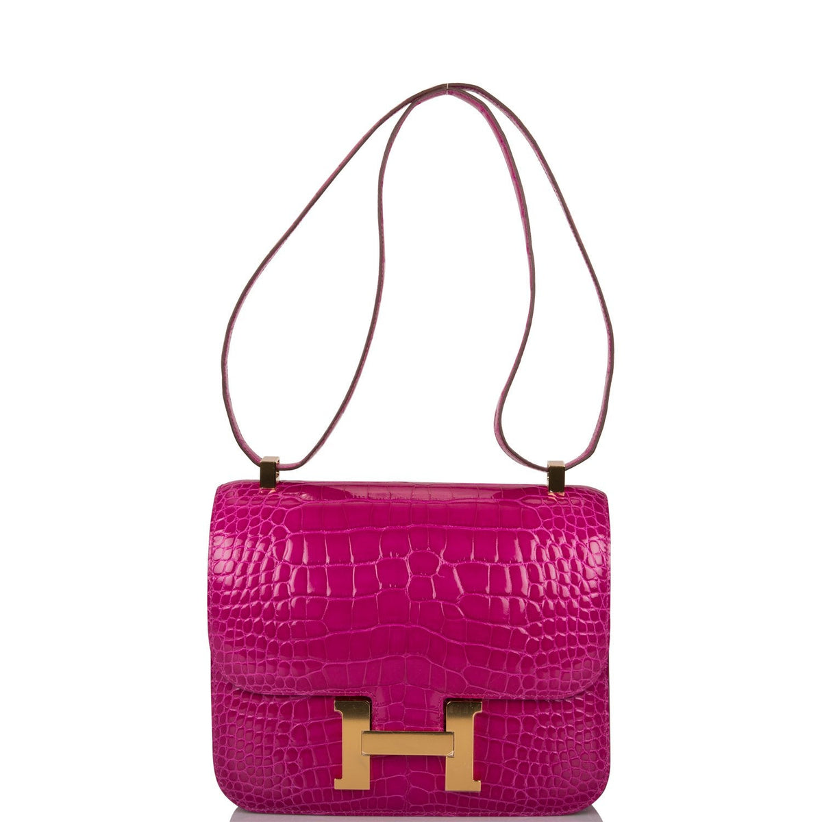 Hermes Rose Scheherazade Shiny Alligator Constance 24cm Gold Hardware Crowned Bag