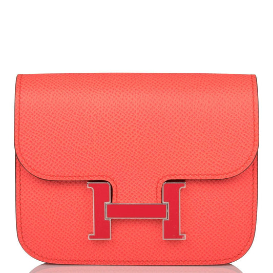 Hermes Rose Texas Epsom Constance Slim Wallet Palladium Hardware