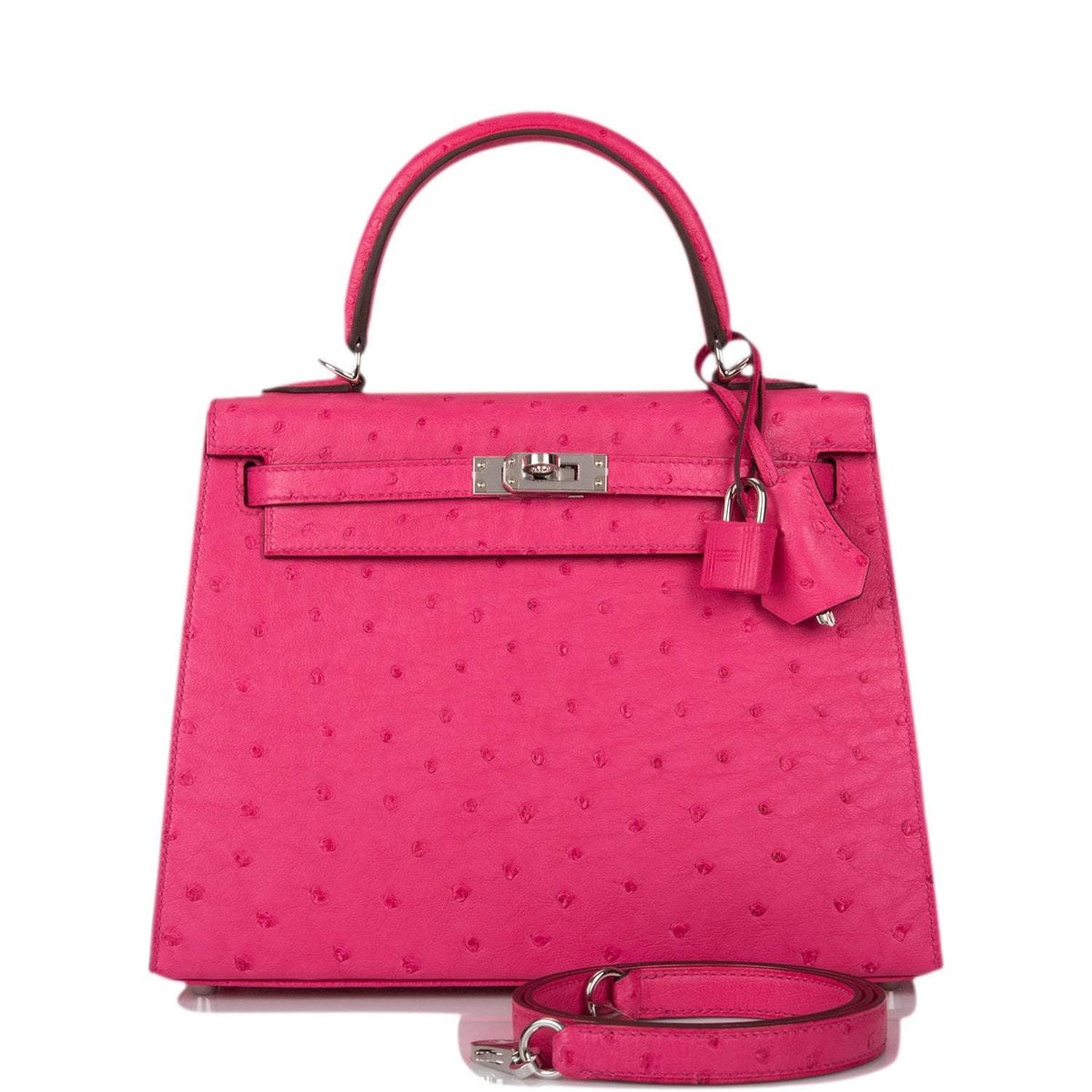 Hermes Rose Tyrien Ostrich Sellier Kelly 25cm Palladium Hardware Crowned Bag