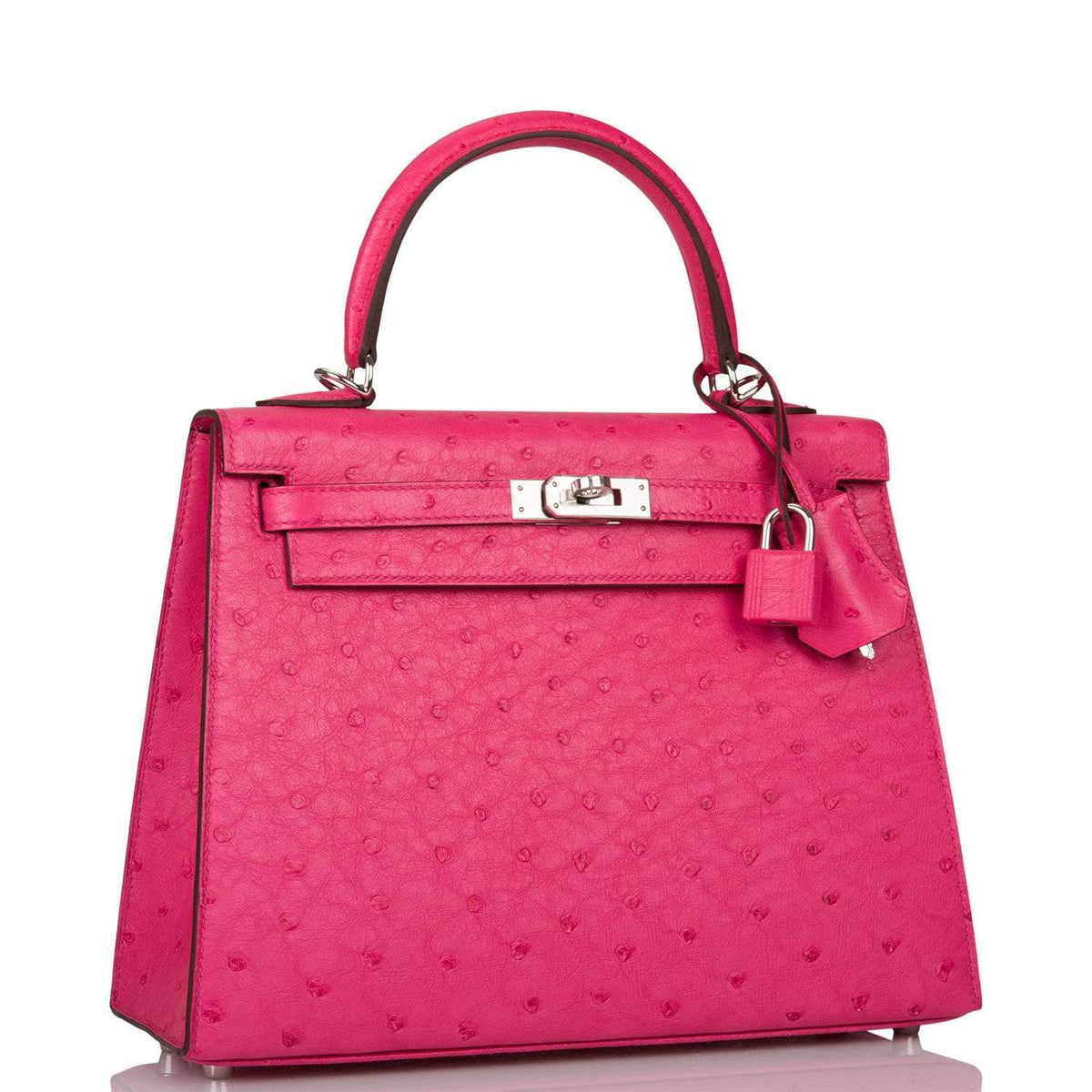 Hermes Rose Tyrien Ostrich Sellier Kelly 25cm Palladium Hardware Crowned Bag