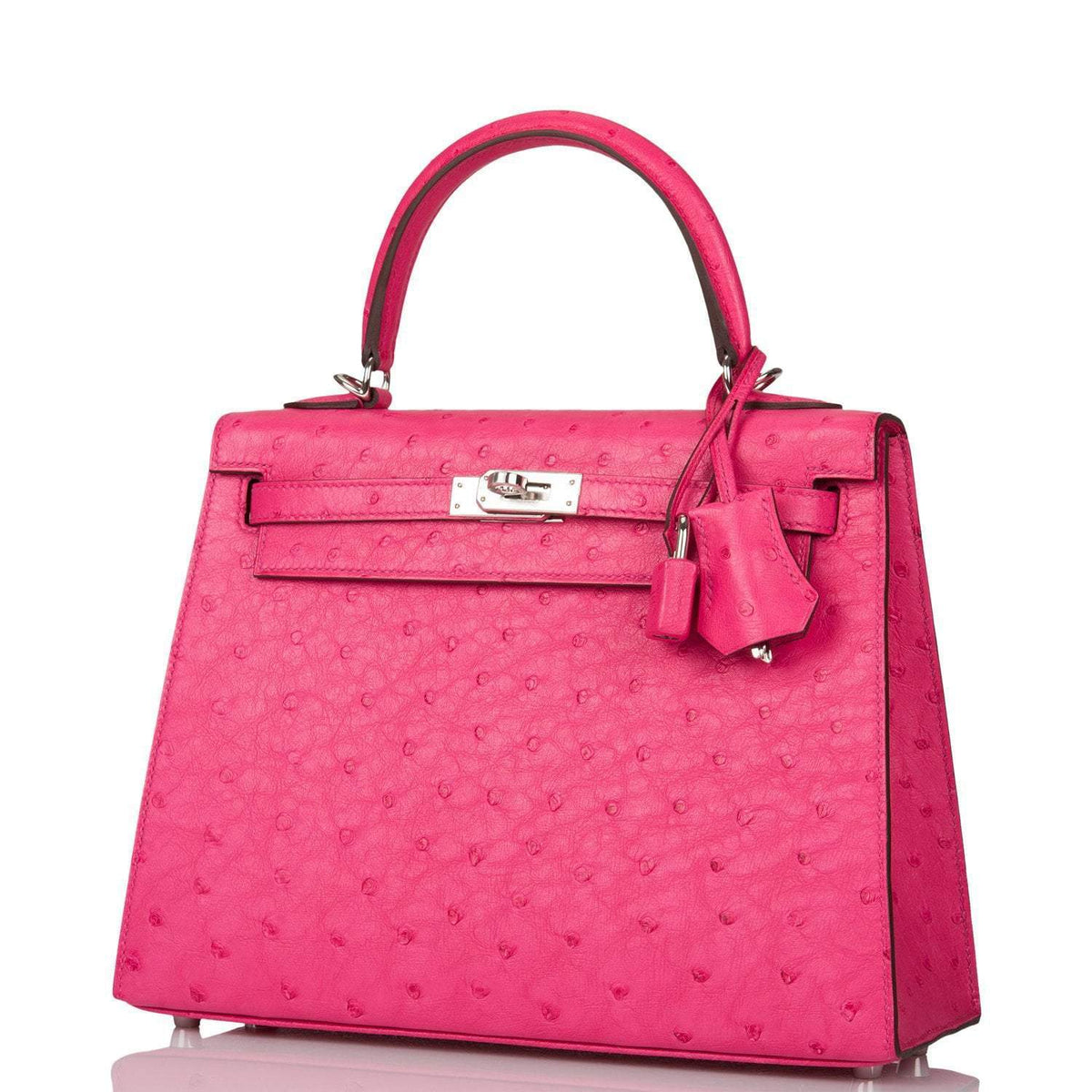Hermes Rose Tyrien Ostrich Sellier Kelly 25cm Palladium Hardware Crowned Bag