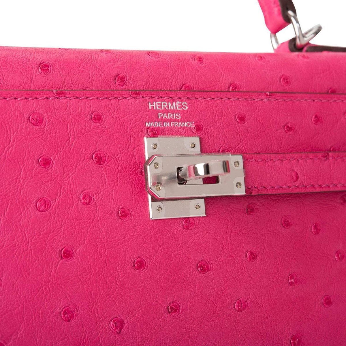 Hermes Rose Tyrien Ostrich Sellier Kelly 25cm Palladium Hardware Crowned Bag