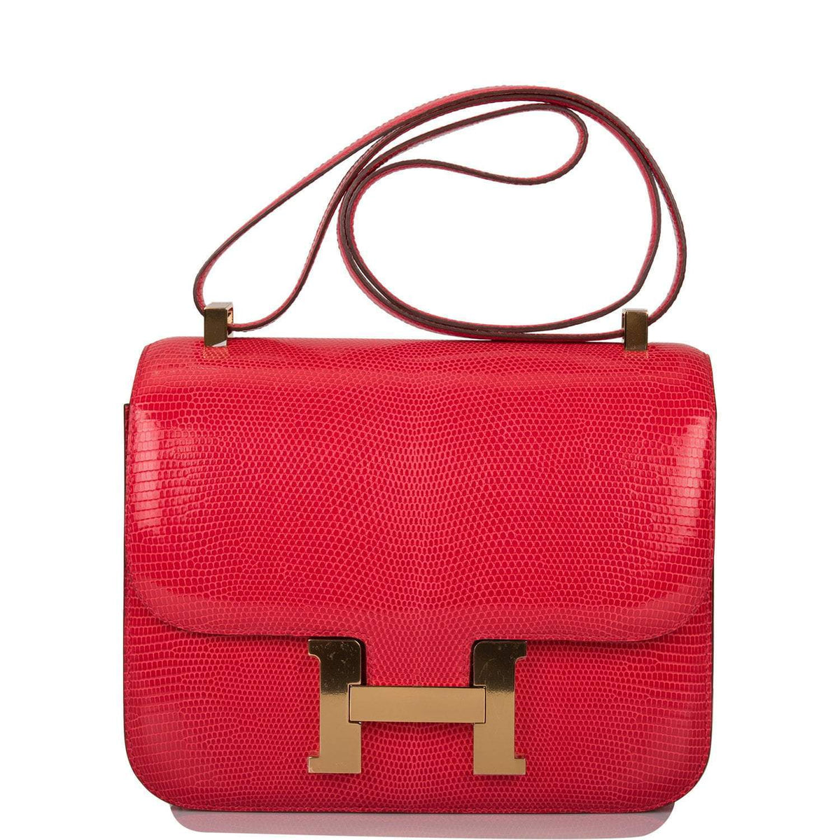Hermes Rouge Exotique Lizard Niloticus Constance 24cm Gold Hardware Crowned Bag