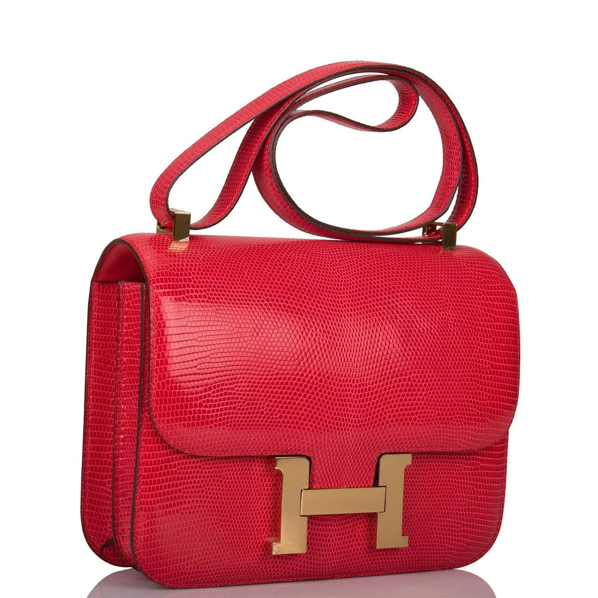 Hermes Rouge Exotique Lizard Niloticus Constance 24cm Gold Hardware Crowned Bag