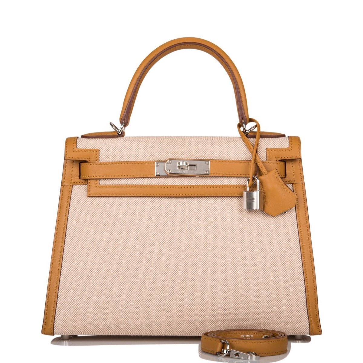 Hermes Sesame Toile and Swift Sellier Kelly 28cm Palladium Hardware Crowned Bag