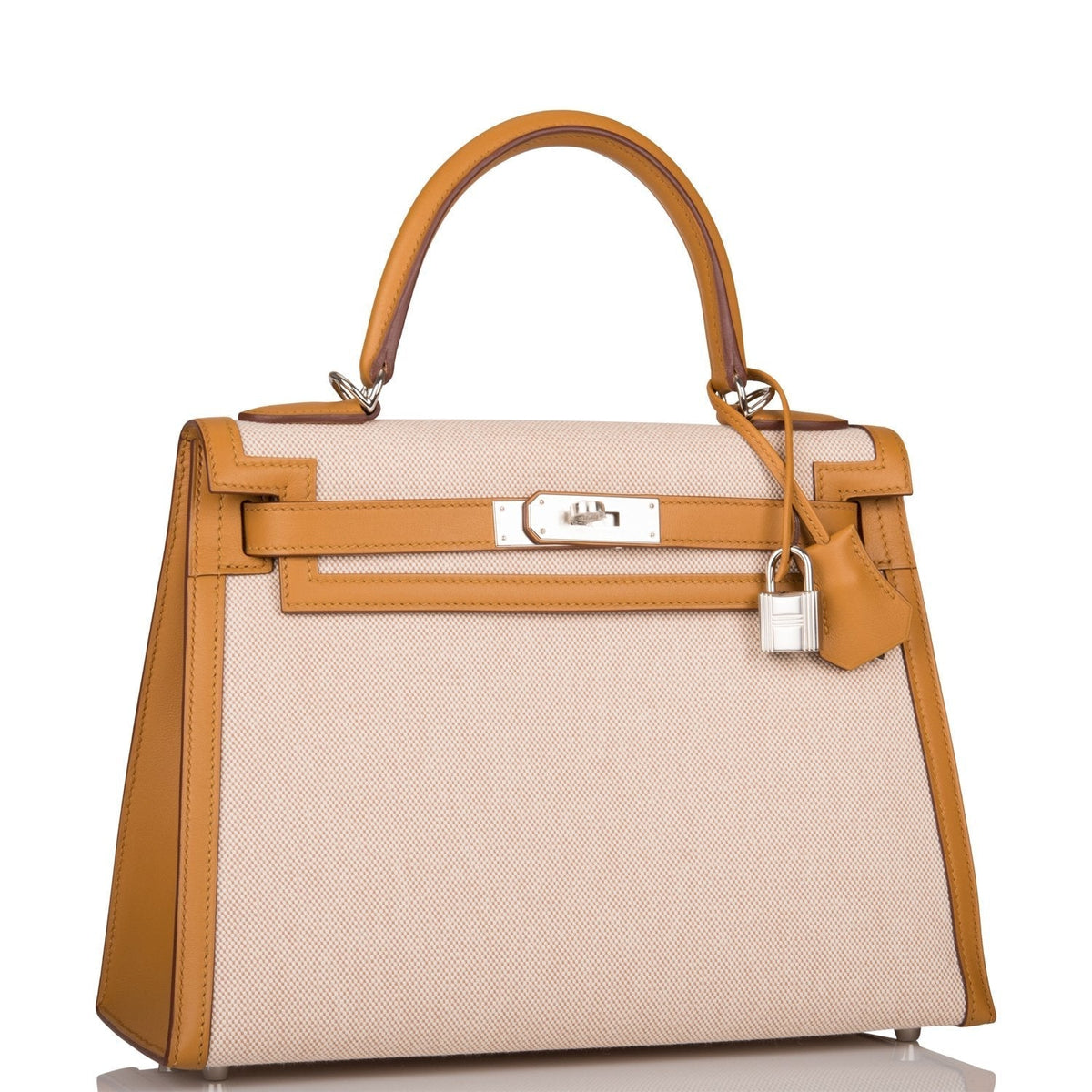 Hermes Sesame Toile and Swift Sellier Kelly 28cm Palladium Hardware Crowned Bag