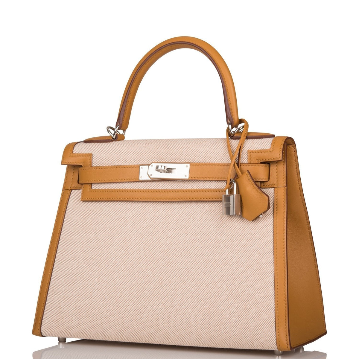 Hermes Sesame Toile and Swift Sellier Kelly 28cm Palladium Hardware Crowned Bag