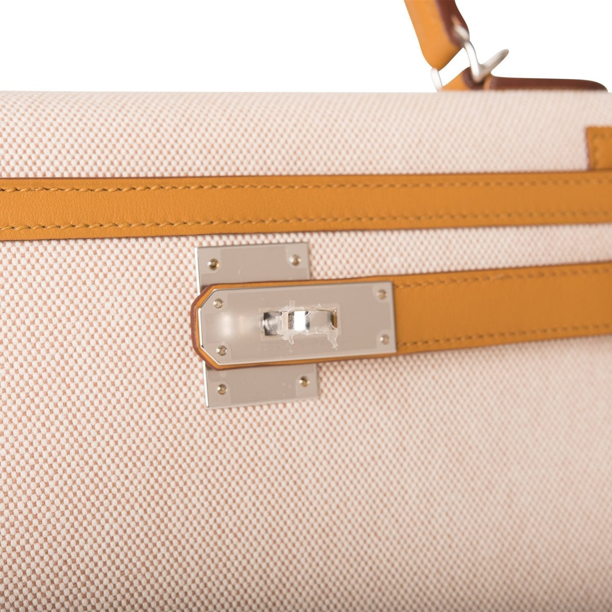 Hermes Sesame Toile and Swift Sellier Kelly 28cm Palladium Hardware Crowned Bag