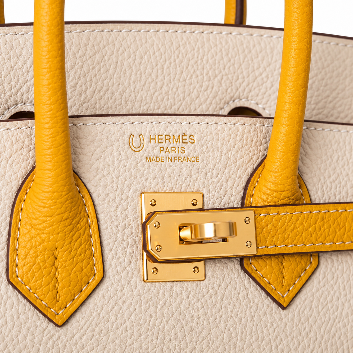 Hermes Horseshoe Stamp (HSS) Bi-Color Craie and Jaune Ambre Togo Birkin 25cm Brushed Gold Hardware BagAg