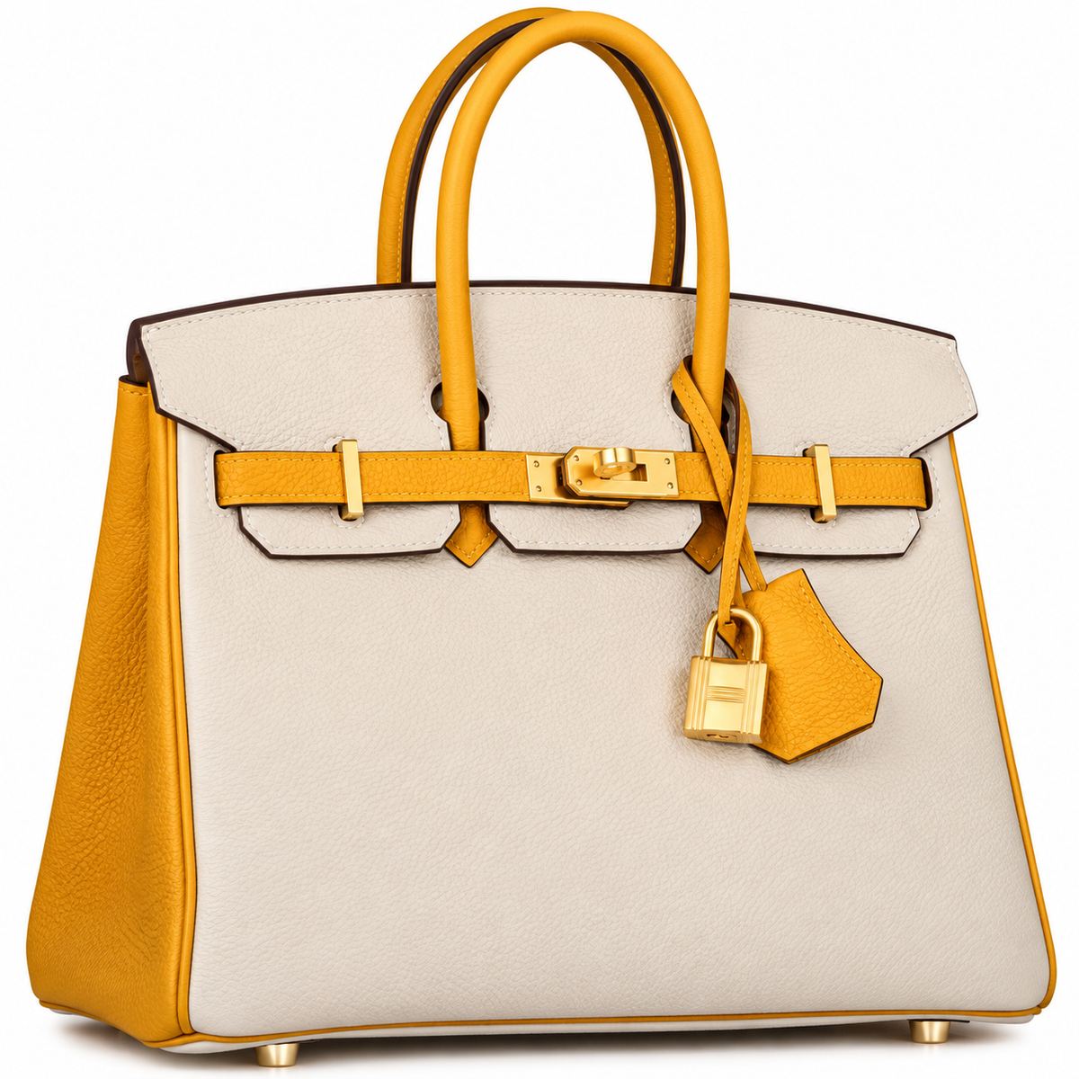 Hermes Horseshoe Stamp (HSS) Bi-Color Craie and Jaune Ambre Togo Birkin 25cm Brushed Gold Hardware BagAg