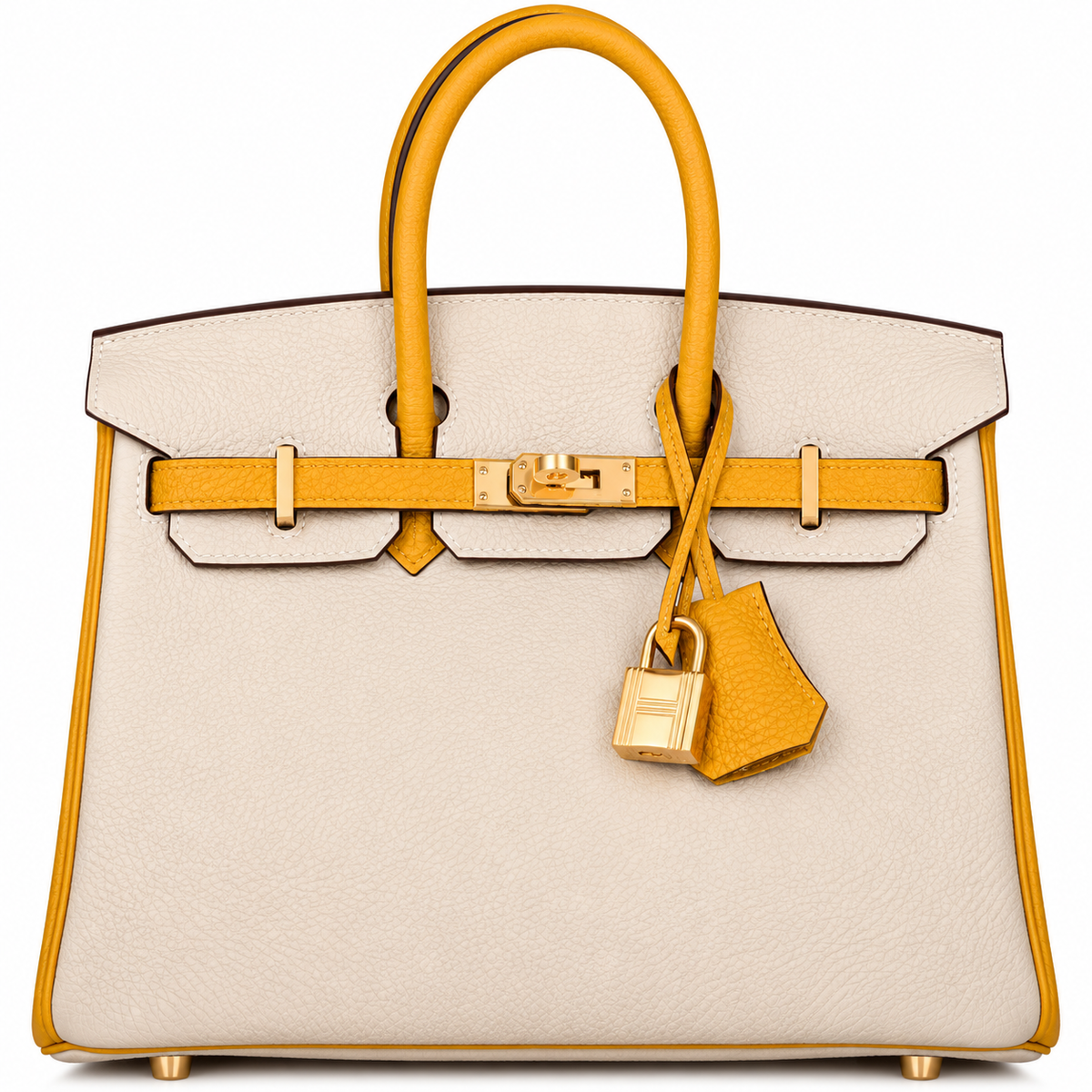 Hermes Horseshoe Stamp (HSS) Bi-Color Craie and Jaune Ambre Togo Birkin 25cm Brushed Gold Hardware BagAg