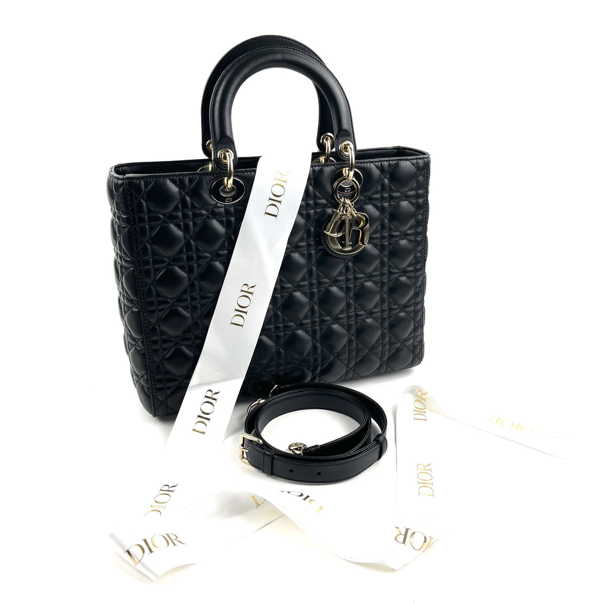 CHRISTIAN DIOR Large Cannage Lady Dior w/ Strap Dior