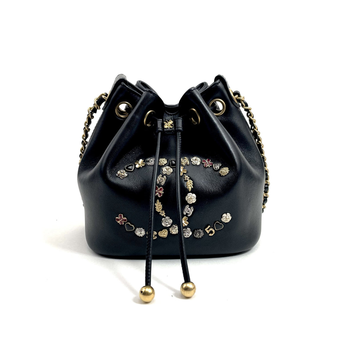 CHANEL Logo Charm CC Lambskin Drawstring Bucket Bag Chanel