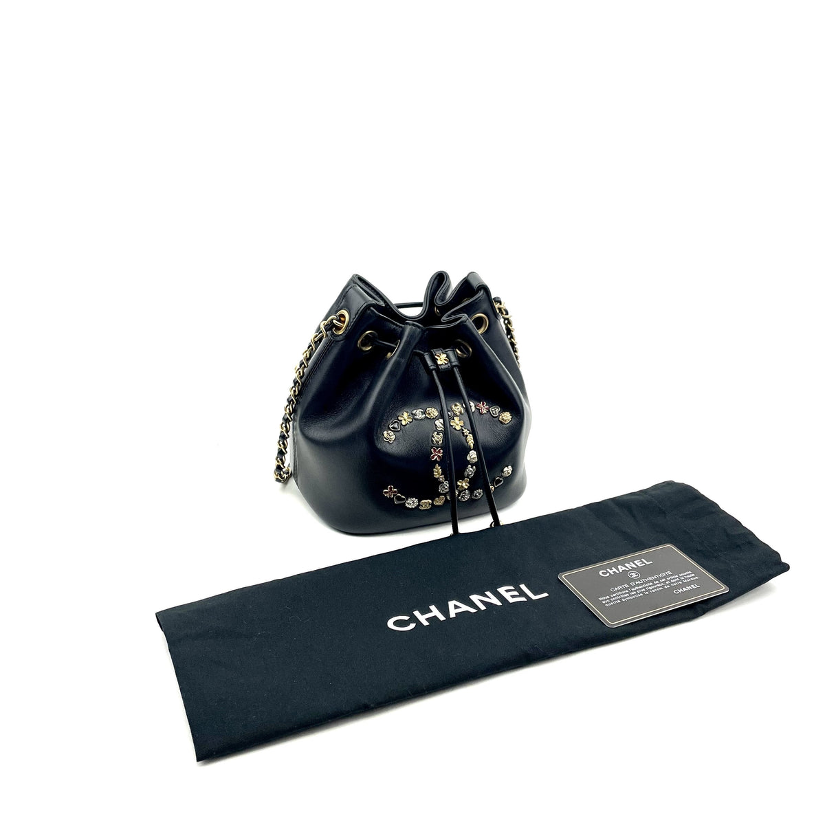 CHANEL Logo Charm CC Lambskin Drawstring Bucket Bag Chanel