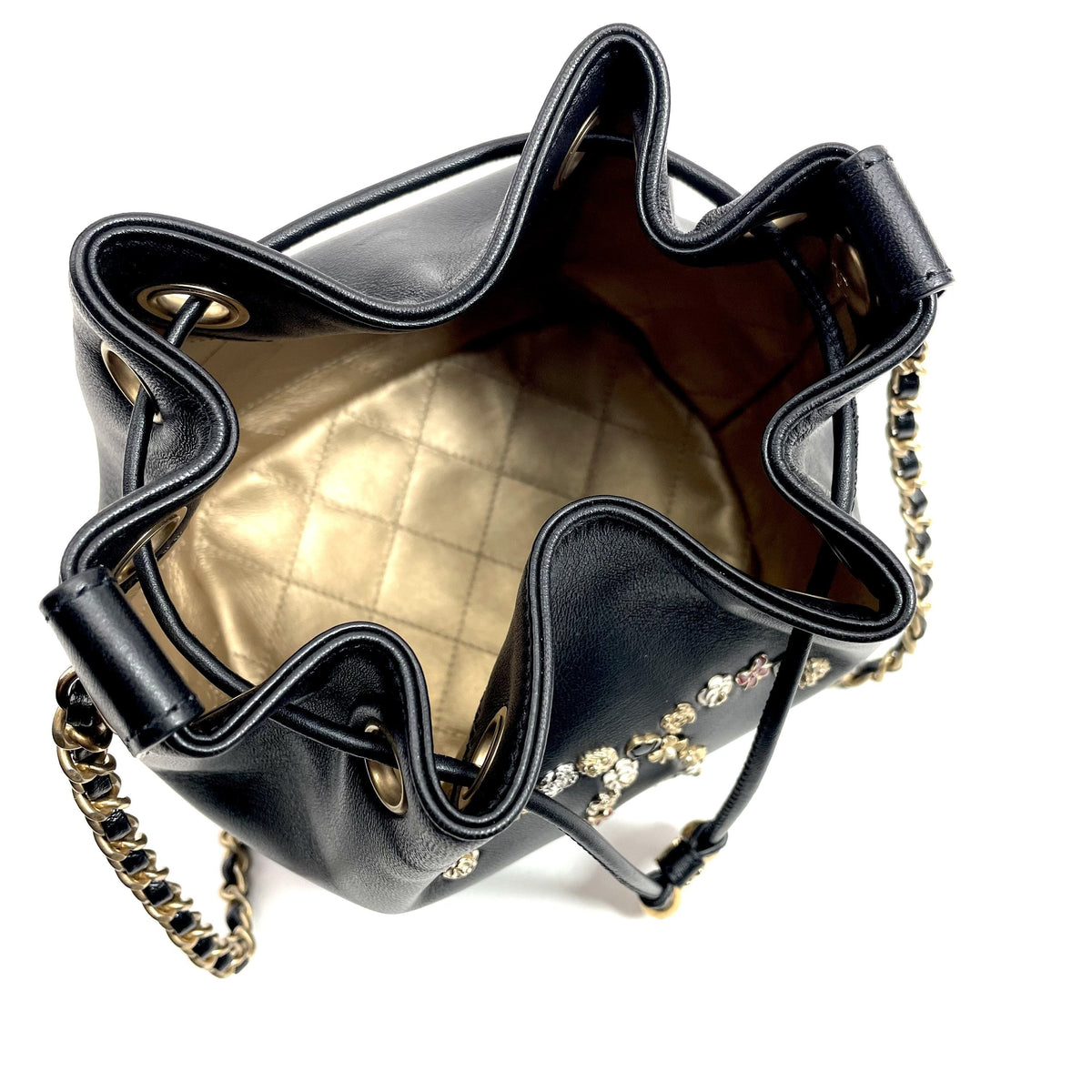 CHANEL Logo Charm CC Lambskin Drawstring Bucket Bag Chanel
