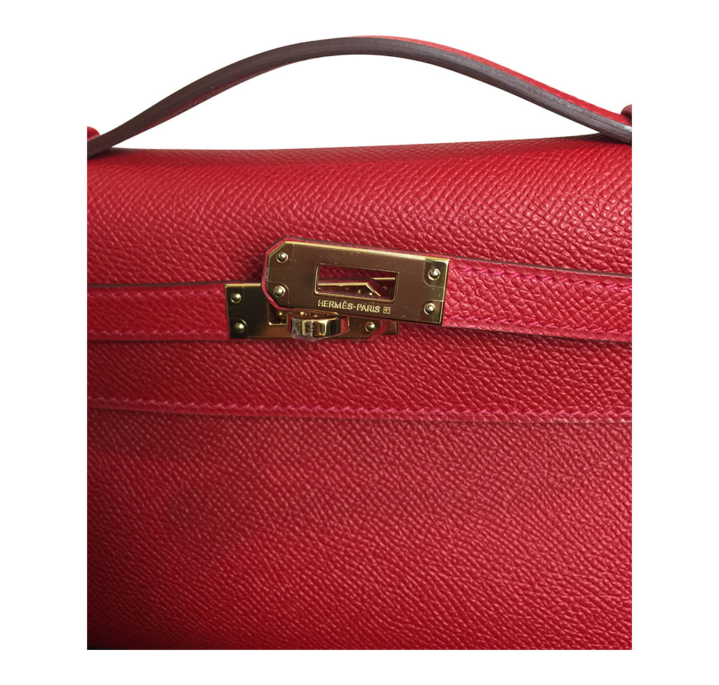Hermès Kelly Pochette Mini Rouge Casaque Epsom GHW Bag Crowned Bag