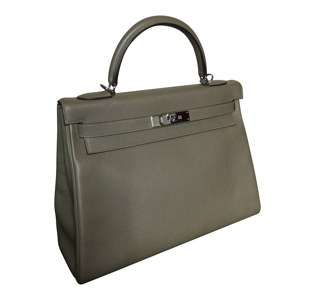 Hermès Kelly Retourne 32 Veau Evercolor Origan PHW Bag Crowned Bag