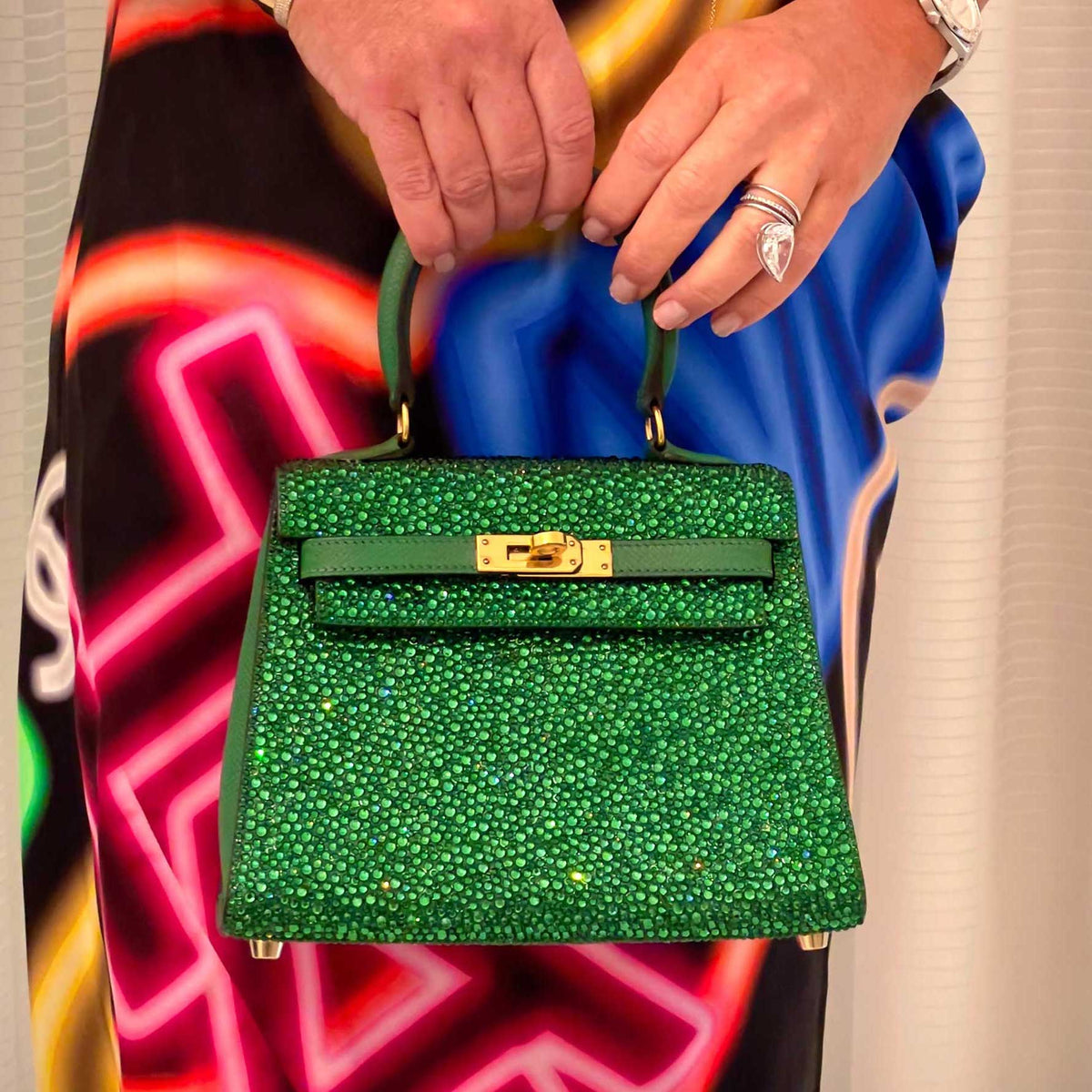 Vintage Hermes Emerald Kelly of Oz with Swarovski Crystals Epsom Gold Hardware Hermes