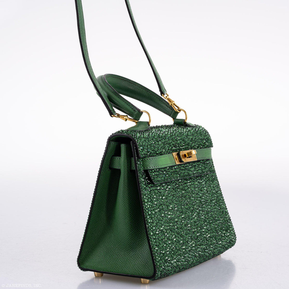 Vintage Hermes Emerald Kelly of Oz with Swarovski Crystals Epsom Gold Hardware Hermes