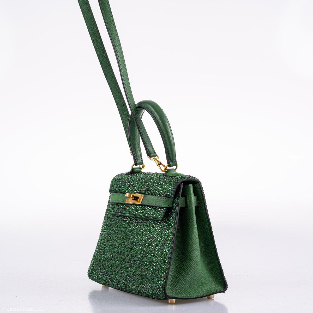 Vintage Hermes Emerald Kelly of Oz with Swarovski Crystals Epsom Gold Hardware Hermes