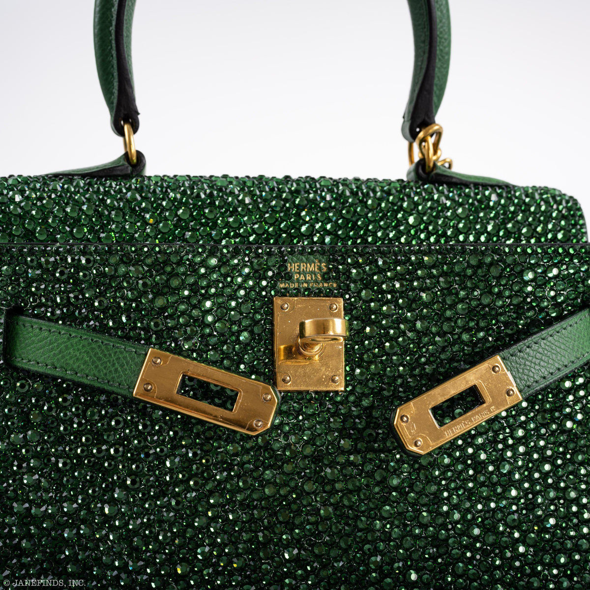 Vintage Hermes Emerald Kelly of Oz with Swarovski Crystals Epsom Gold Hardware Hermes