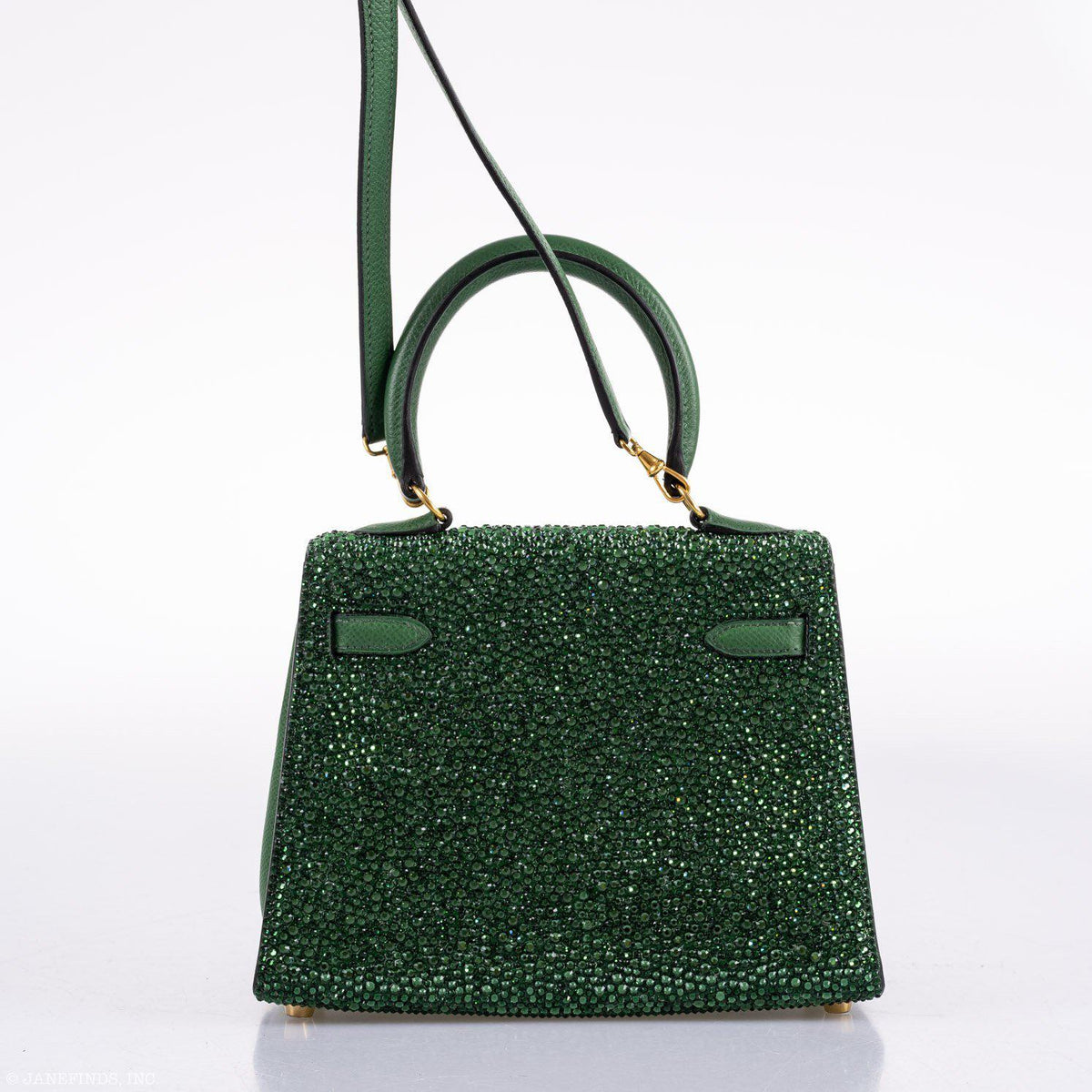 Vintage Hermes Emerald Kelly of Oz with Swarovski Crystals Epsom Gold Hardware Hermes
